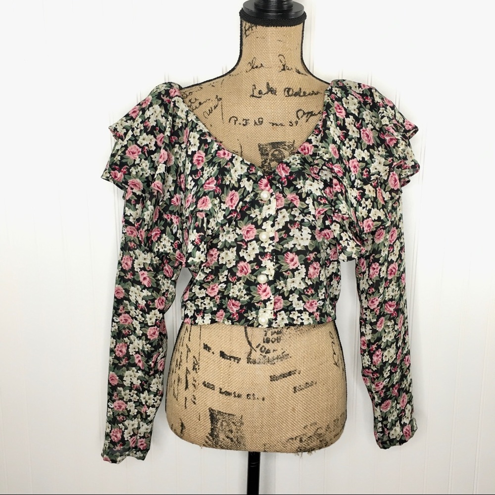 Floral Romantic Tiered Ruffle Cropped Blouse M - Picture 1 of 5